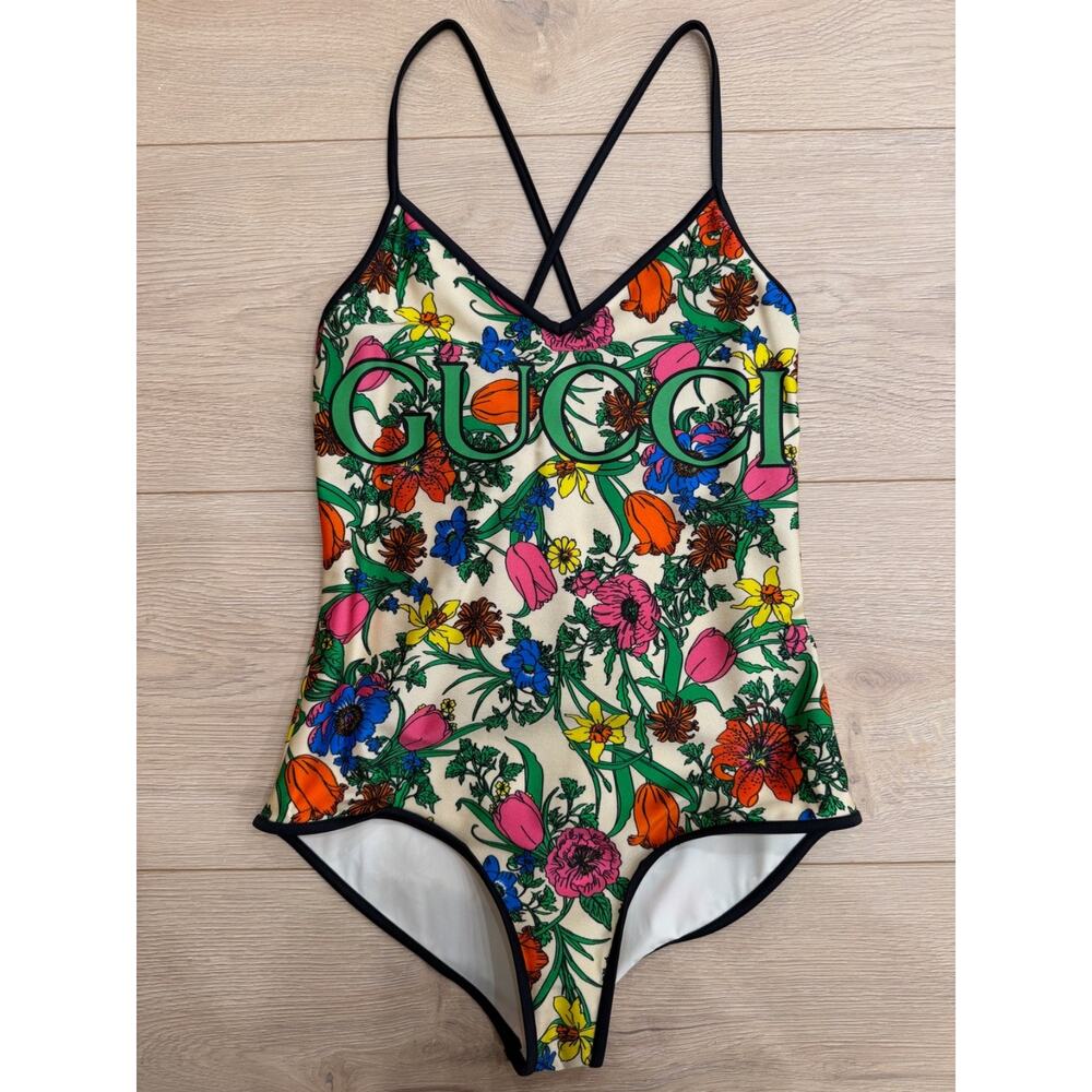 Gucci Floral Print Logo Green Criss Cross One Piece Swimsuit Bathingsuit S Small - Picture 2 of 14